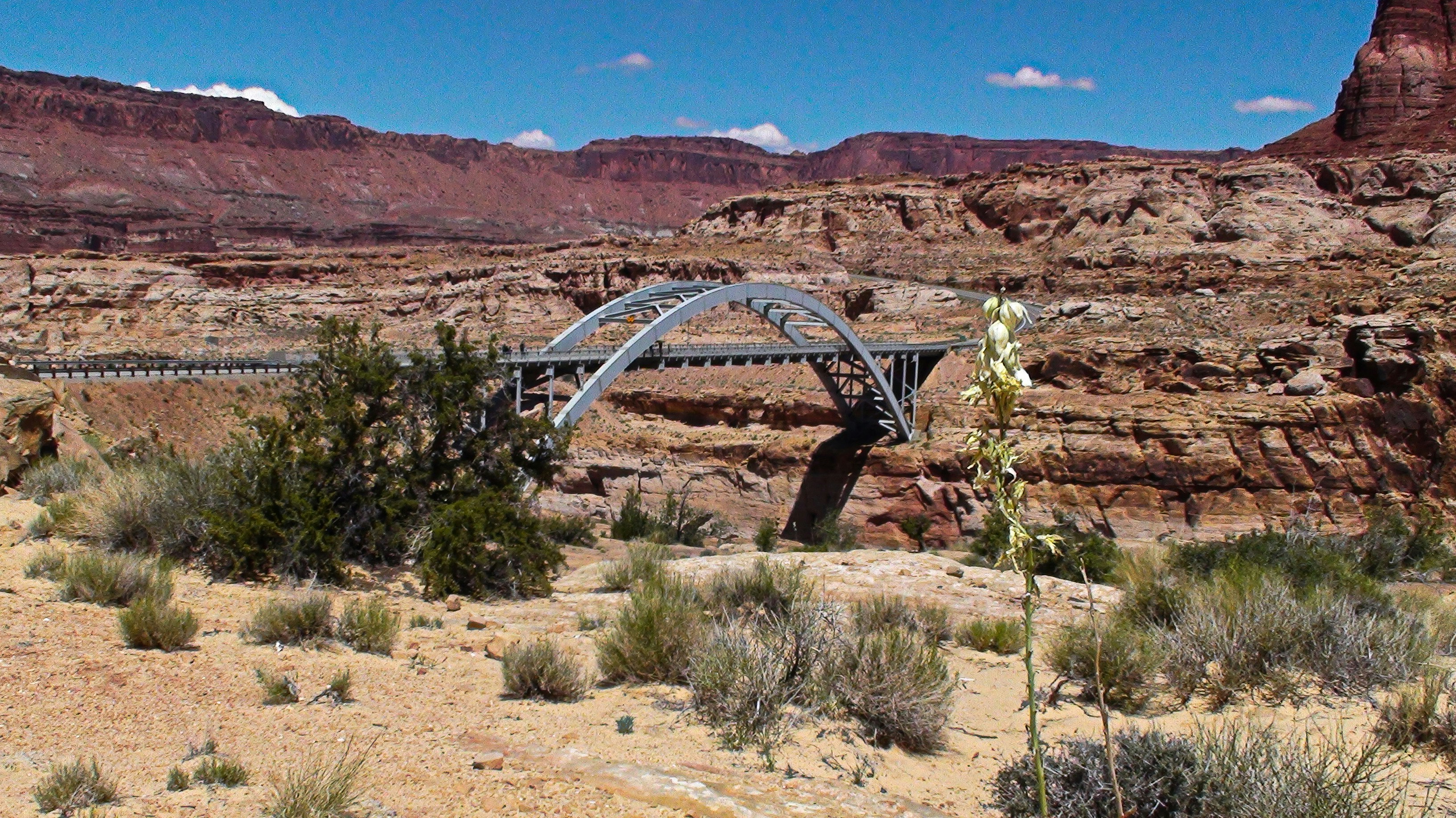 Un puente en medio de un desierto con montañas al fondo