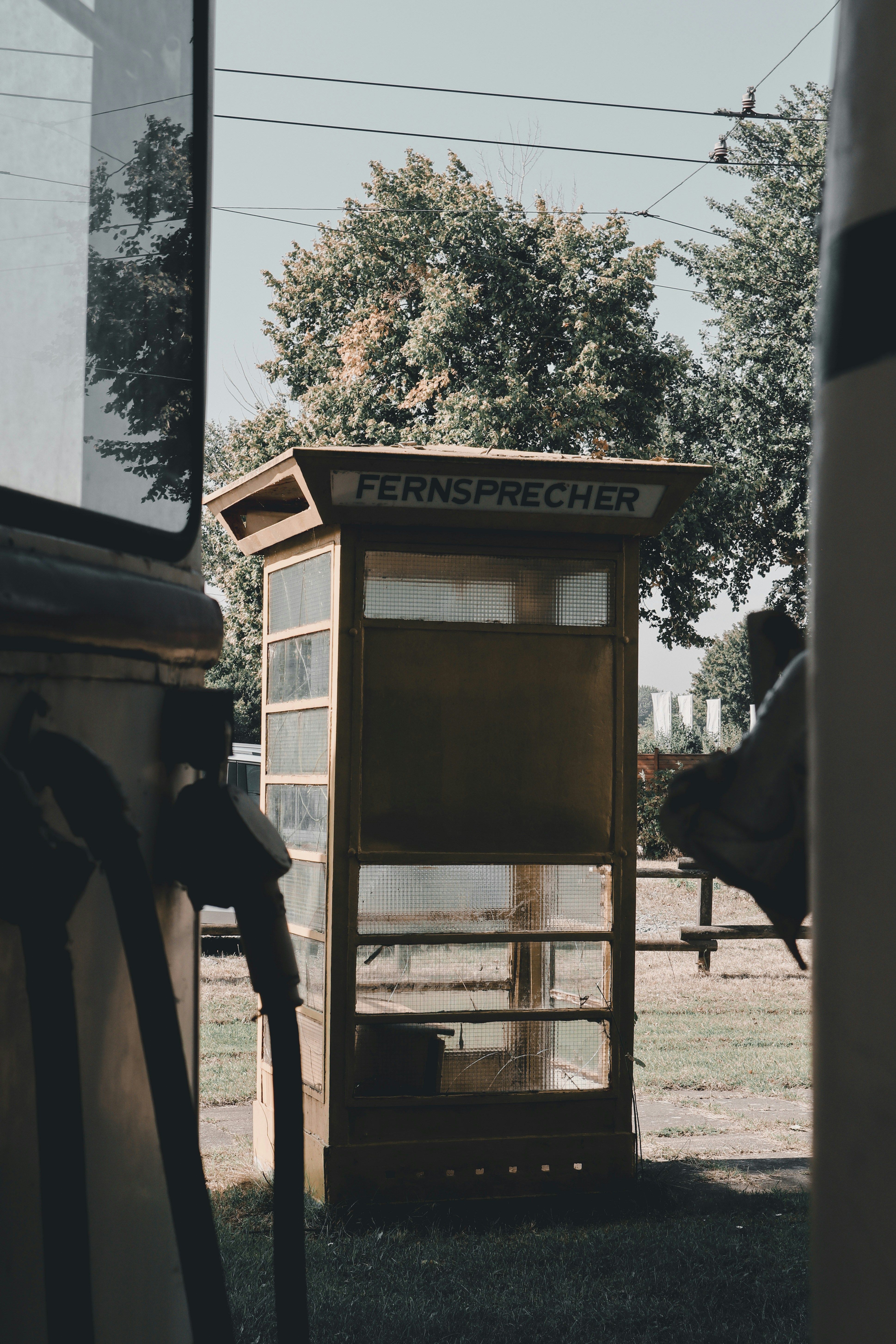A bus stop sitting next to a tree