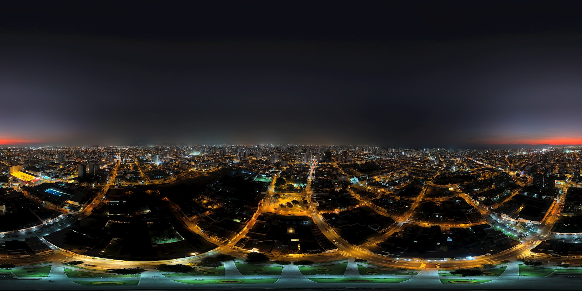 An aerial view of a city at night