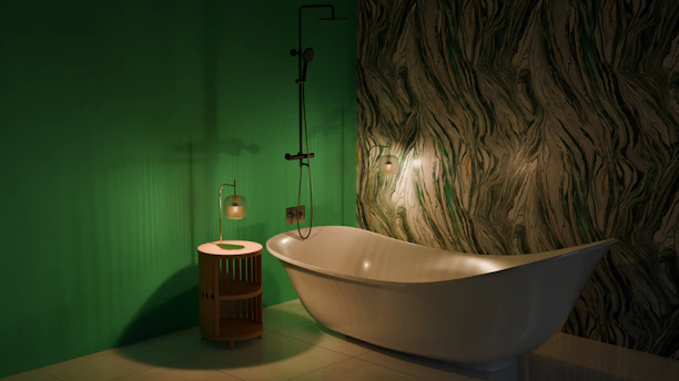A bathroom with a tub and a green wall