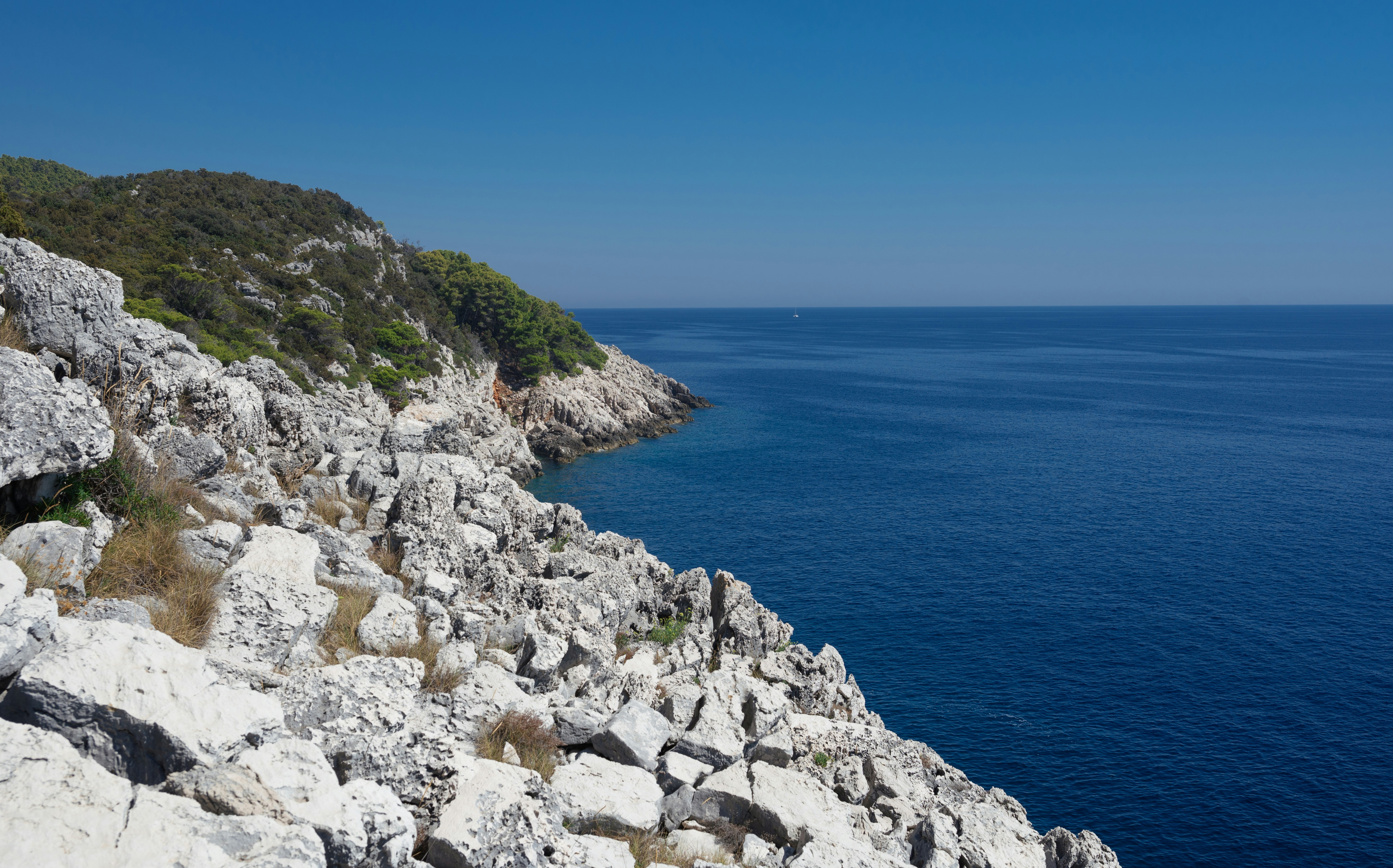A rocky cliff with a body of water in the background, 