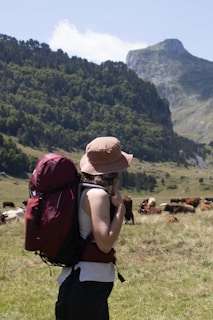 A person with a backpack standing in front of a herd of cows