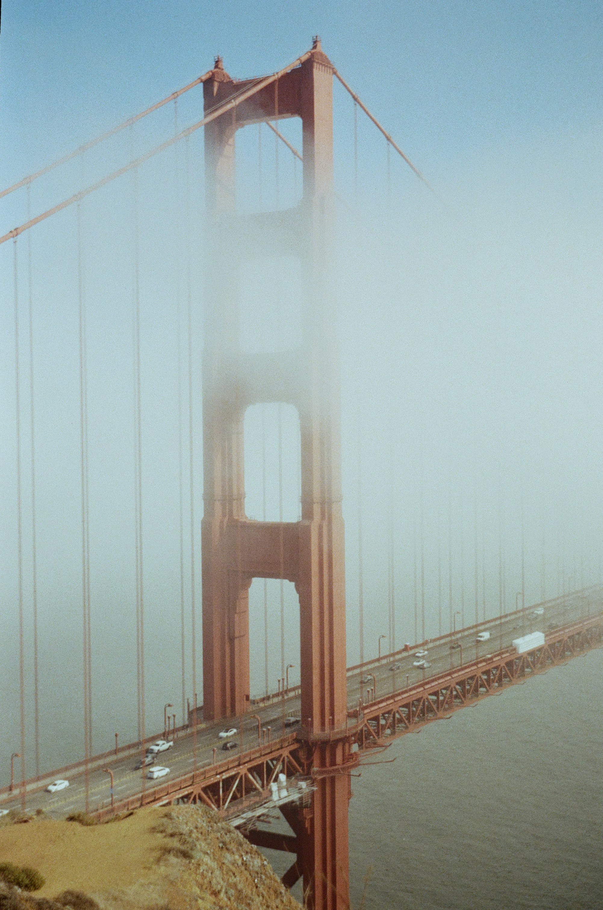 A foggy view of the golden gate bridge