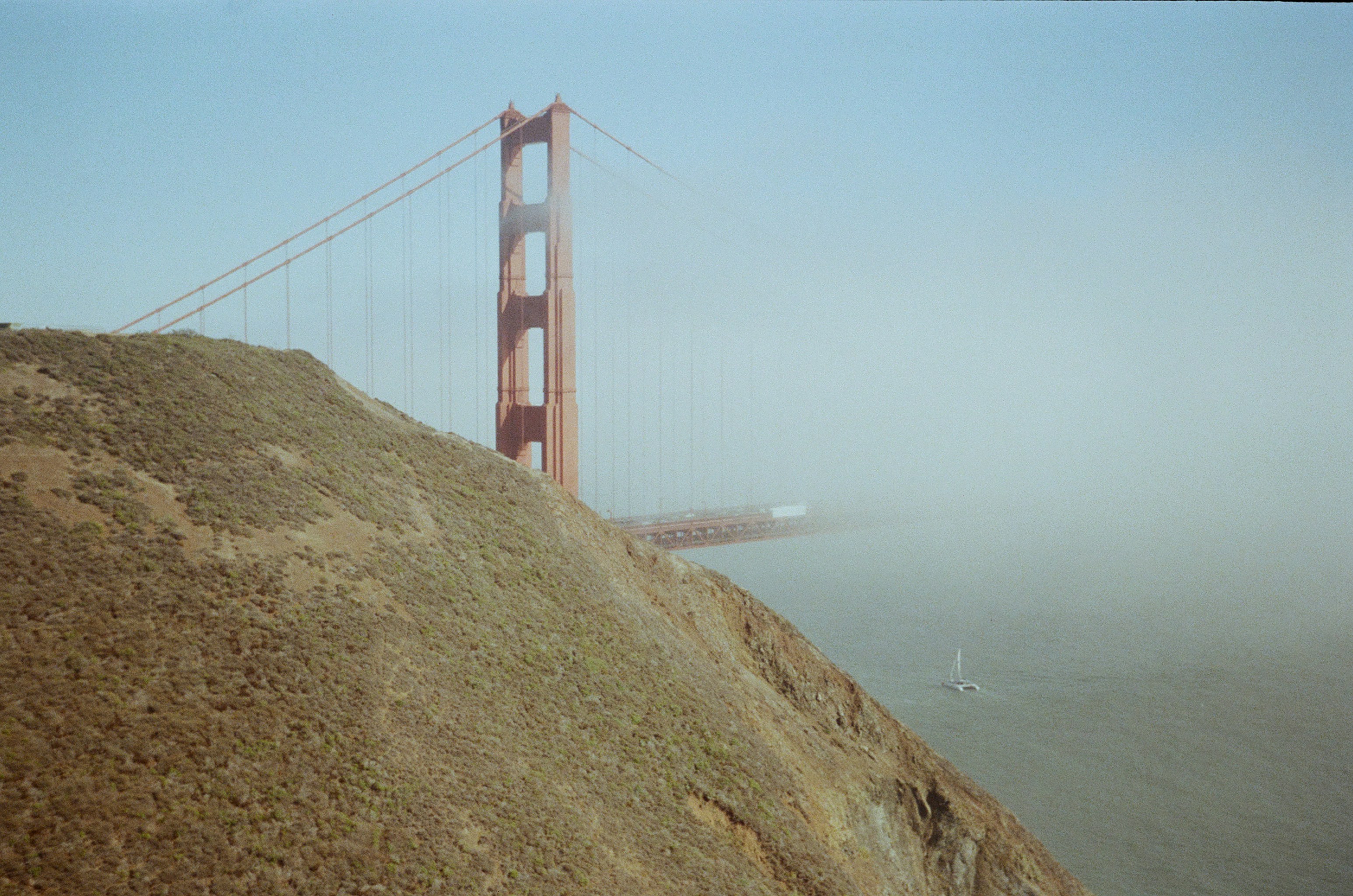 A foggy view of the golden gate bridge