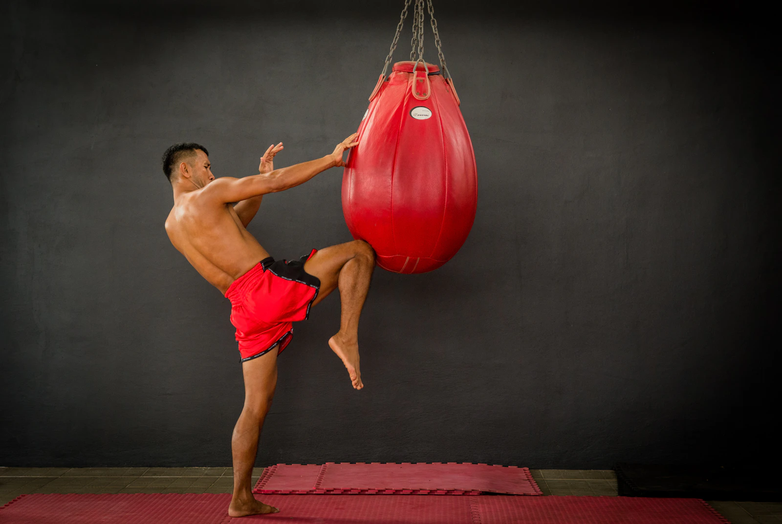 A fighter throwing a roundhouse kick into a heavy bag