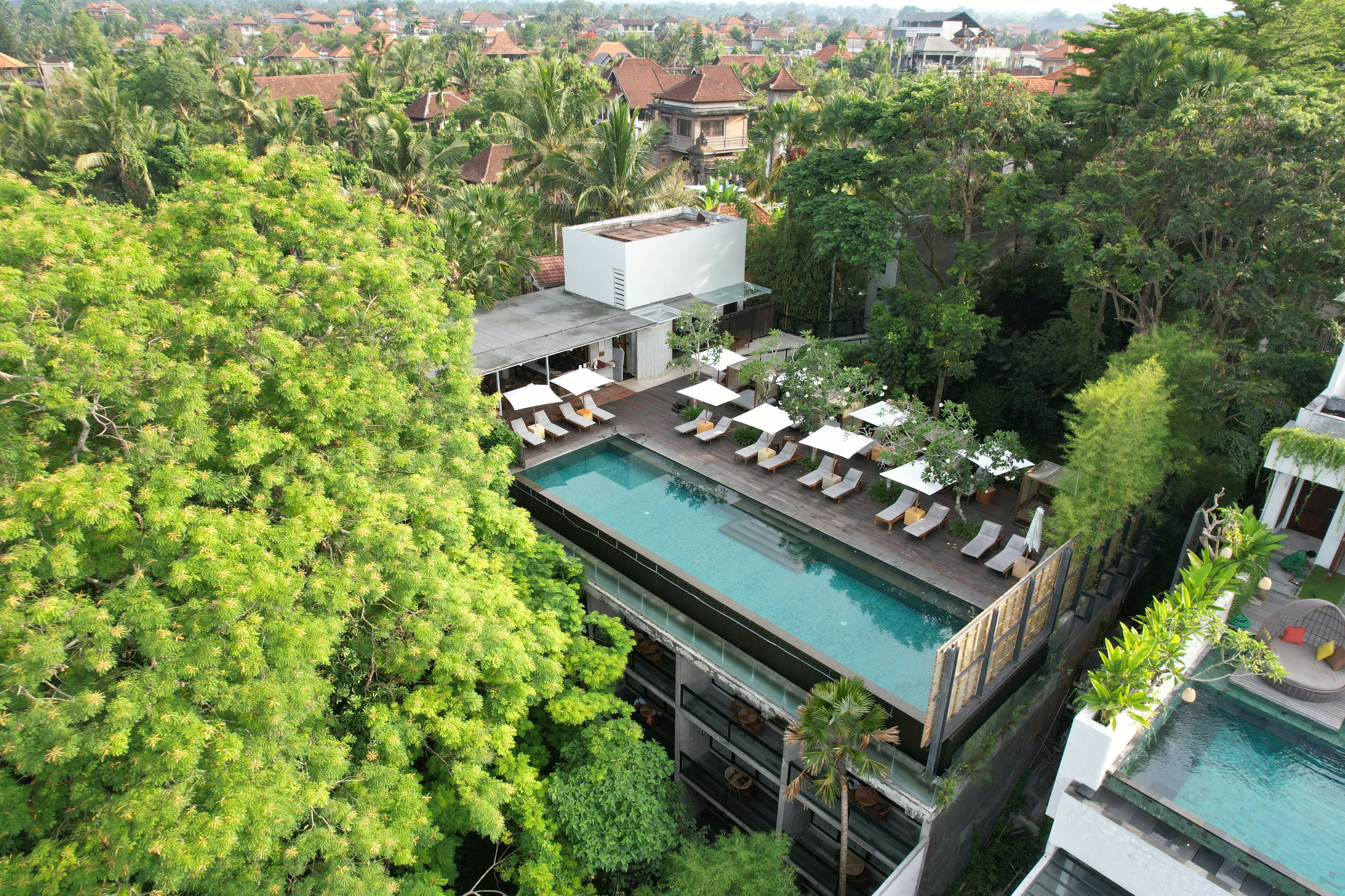 Aerial view of resort with swimming pool
