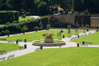 A garden with a fountain surrounded by benches