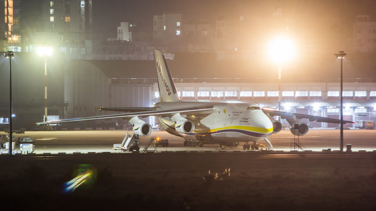 Aircraft parked on the ramp at night