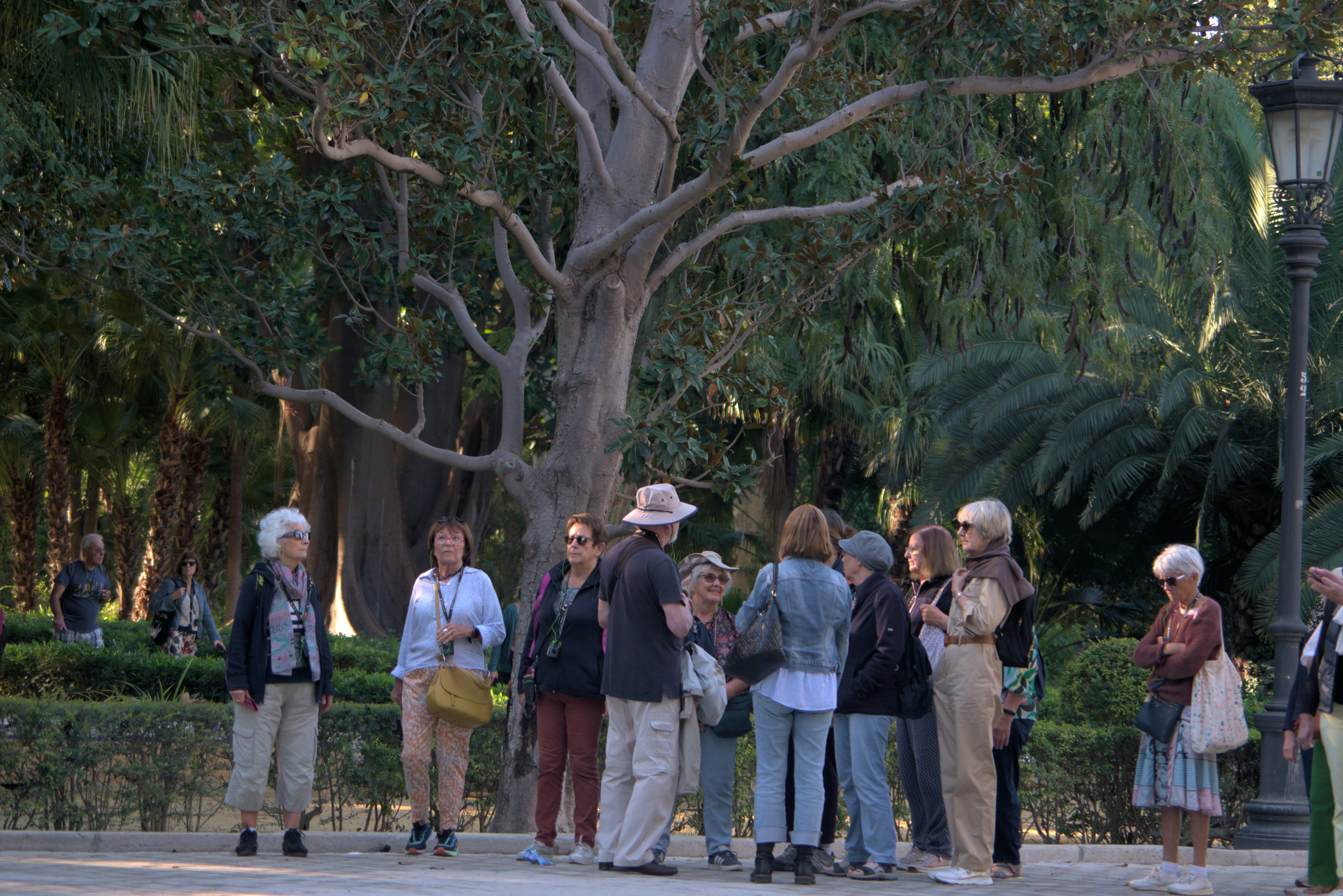 A group of people standing together in a park.