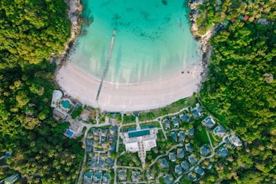 A bird's eye view of a beach and a lagoon