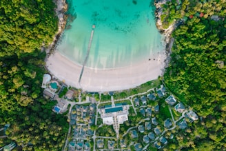 A bird's eye view of a beach and a lagoon