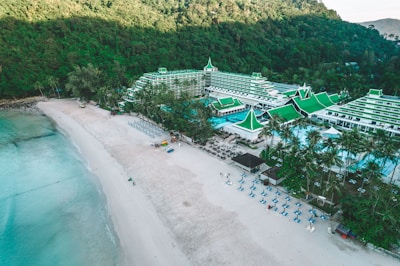 A bird's eye view of a resort on the beach