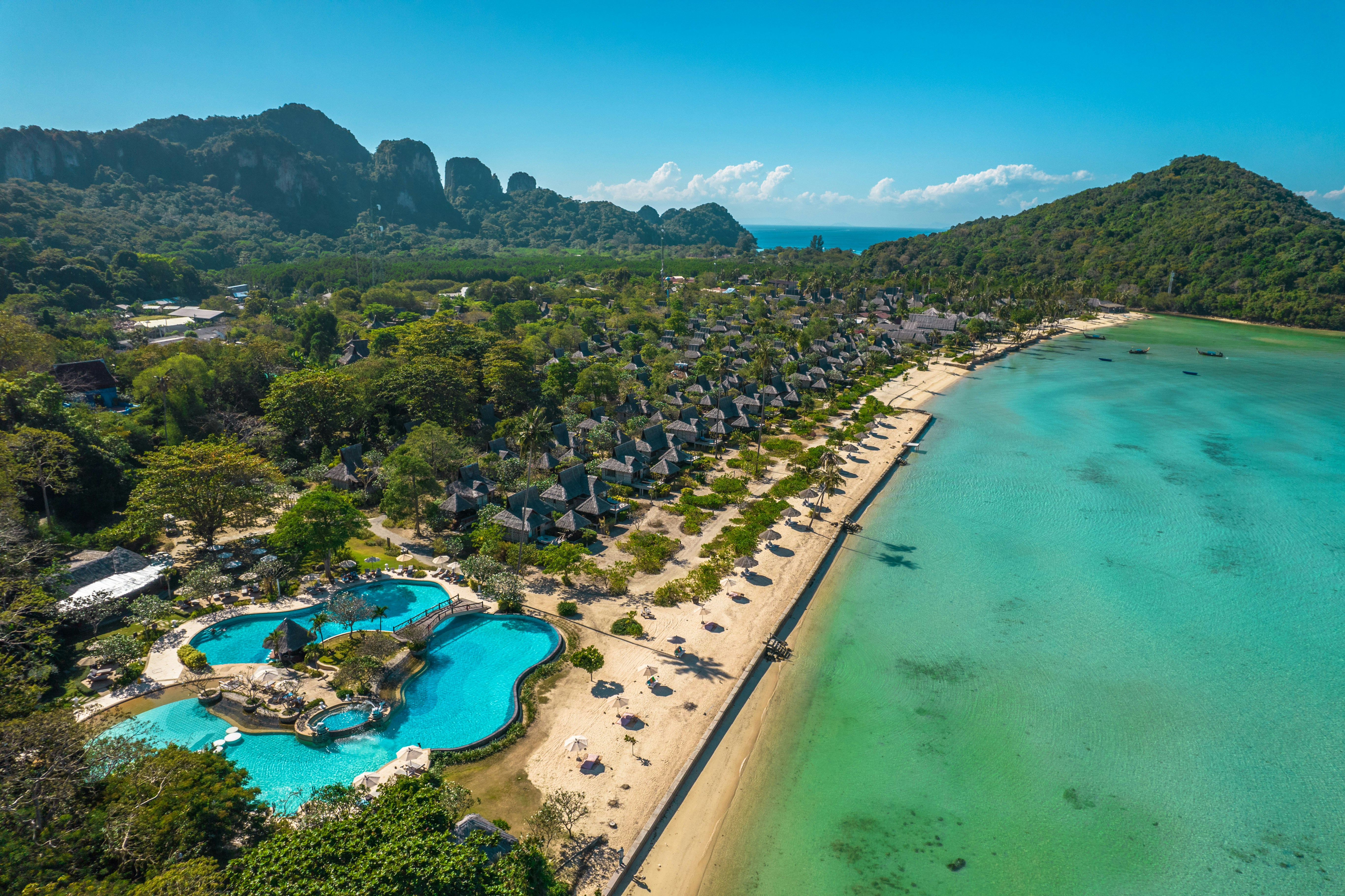 An aerial view of a beach and resort