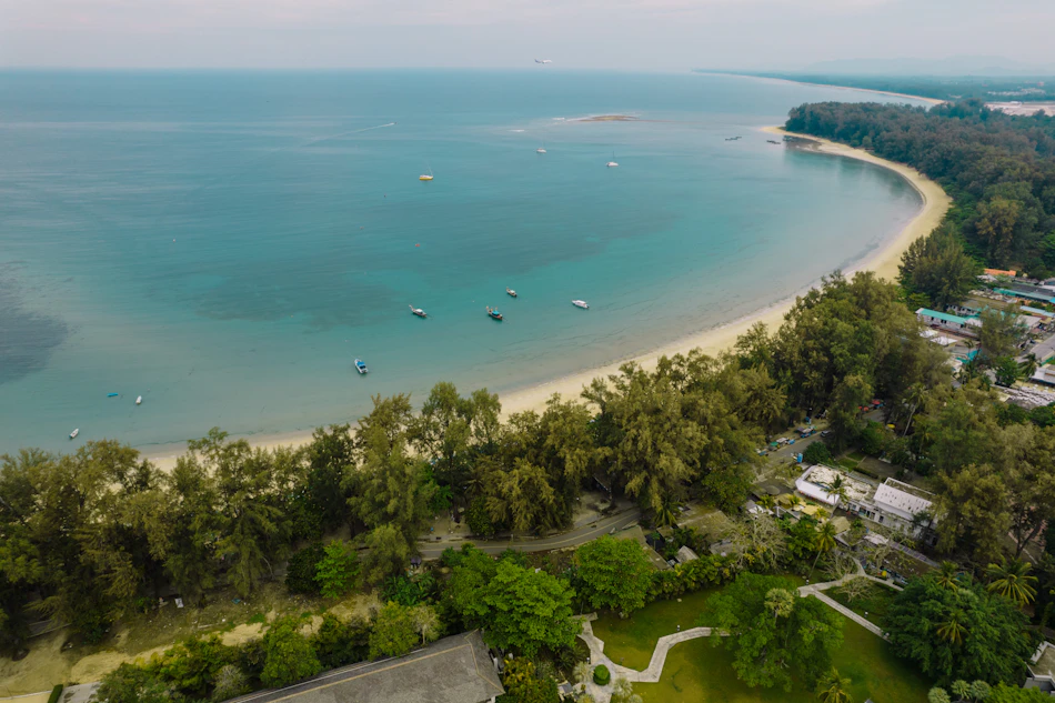 Aerial view of tropical beach and blue ocean in Phuket Thailand