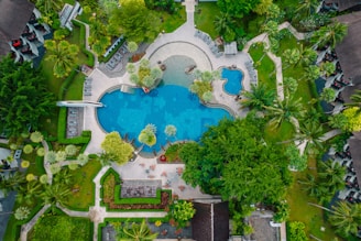 An aerial view of a pool surrounded by trees