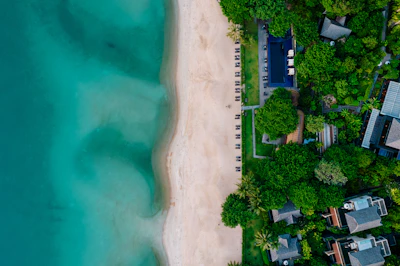 An aerial view of a beach with houses