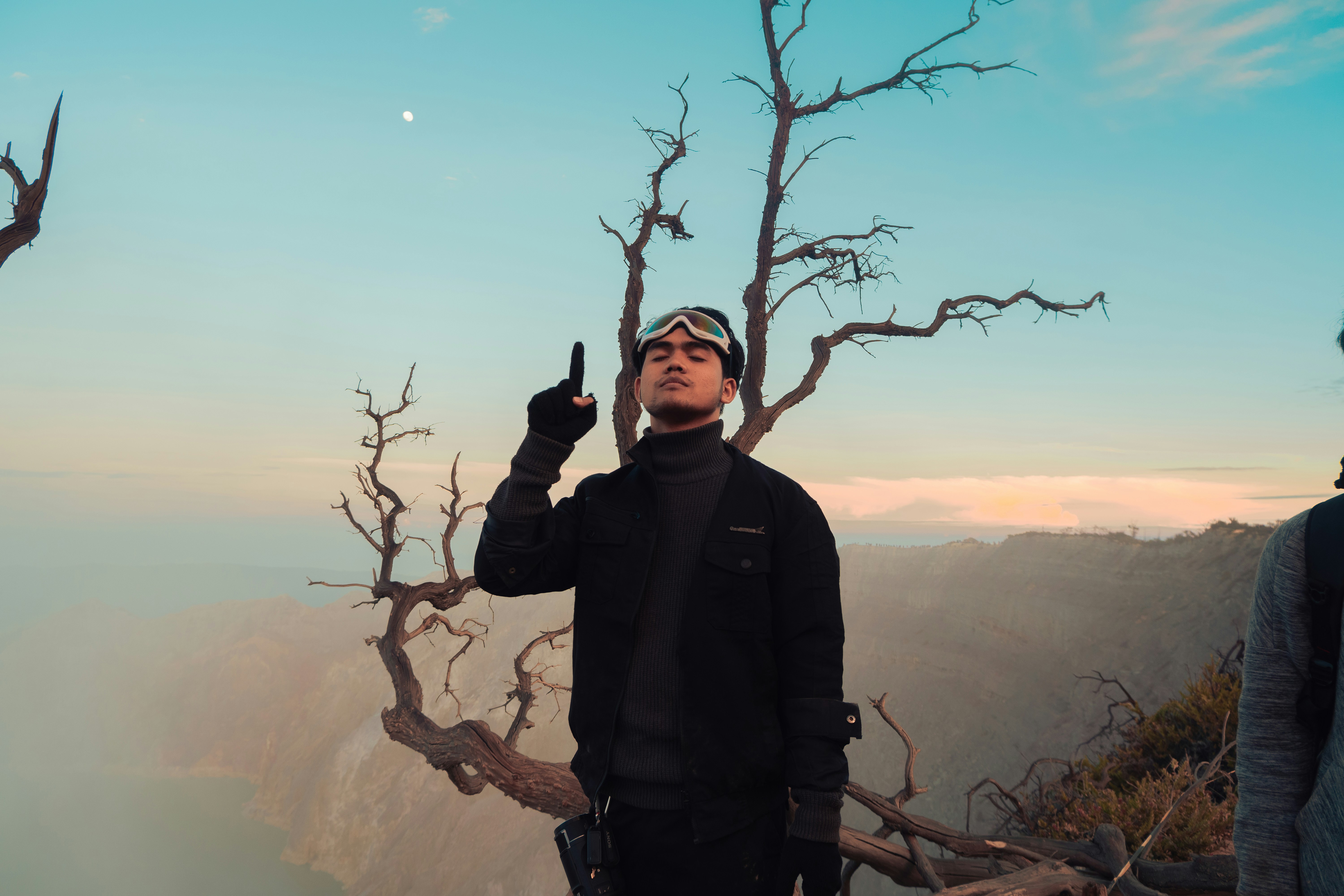 Seorang pria berdiri di atas gunung di sebelah pohon