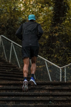 A man running up a flight of stairs