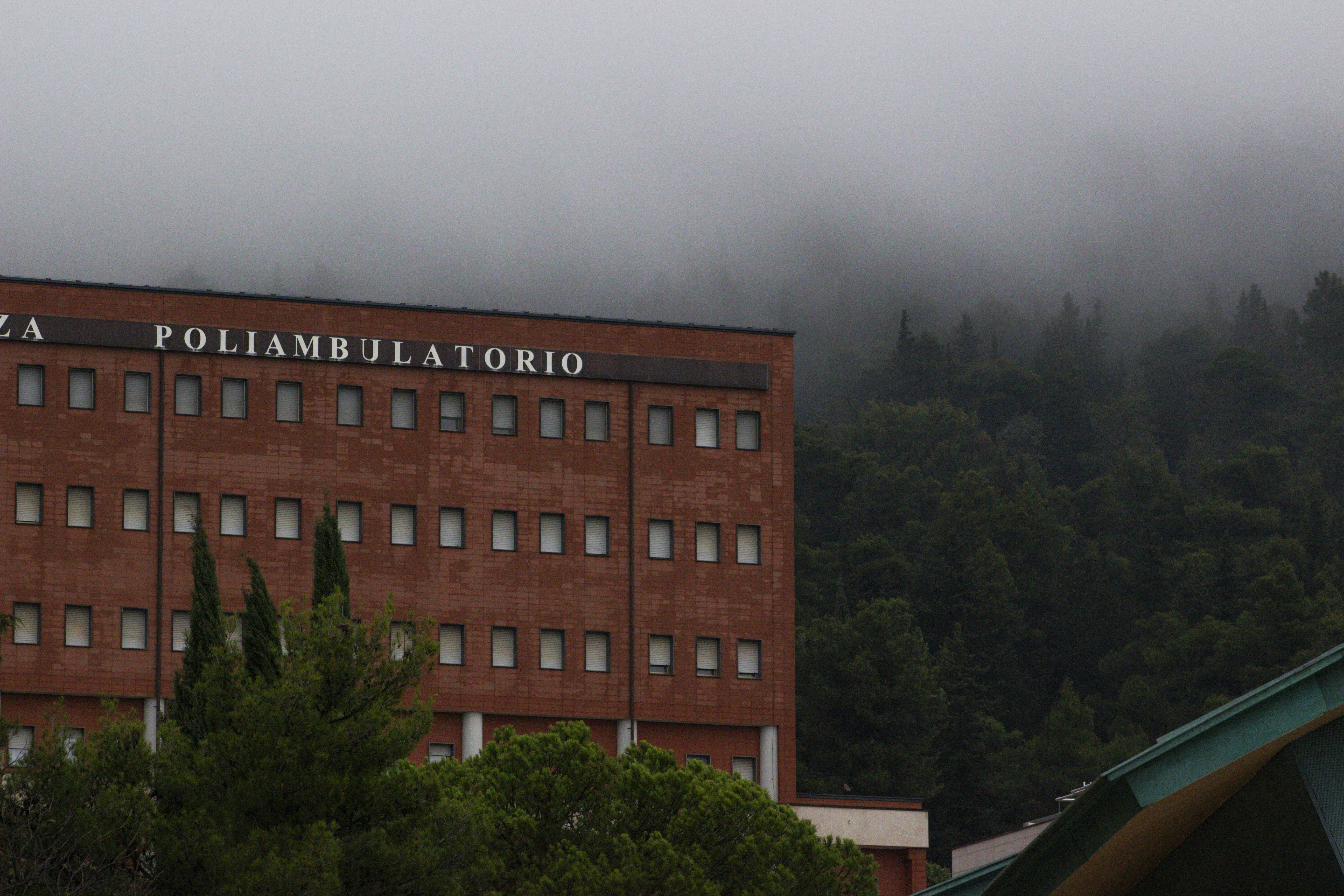 A red brick building with a forest in the background