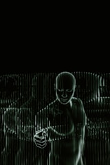 A black and white photo of a person holding a cell phone