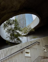 A view of a building through a round window
