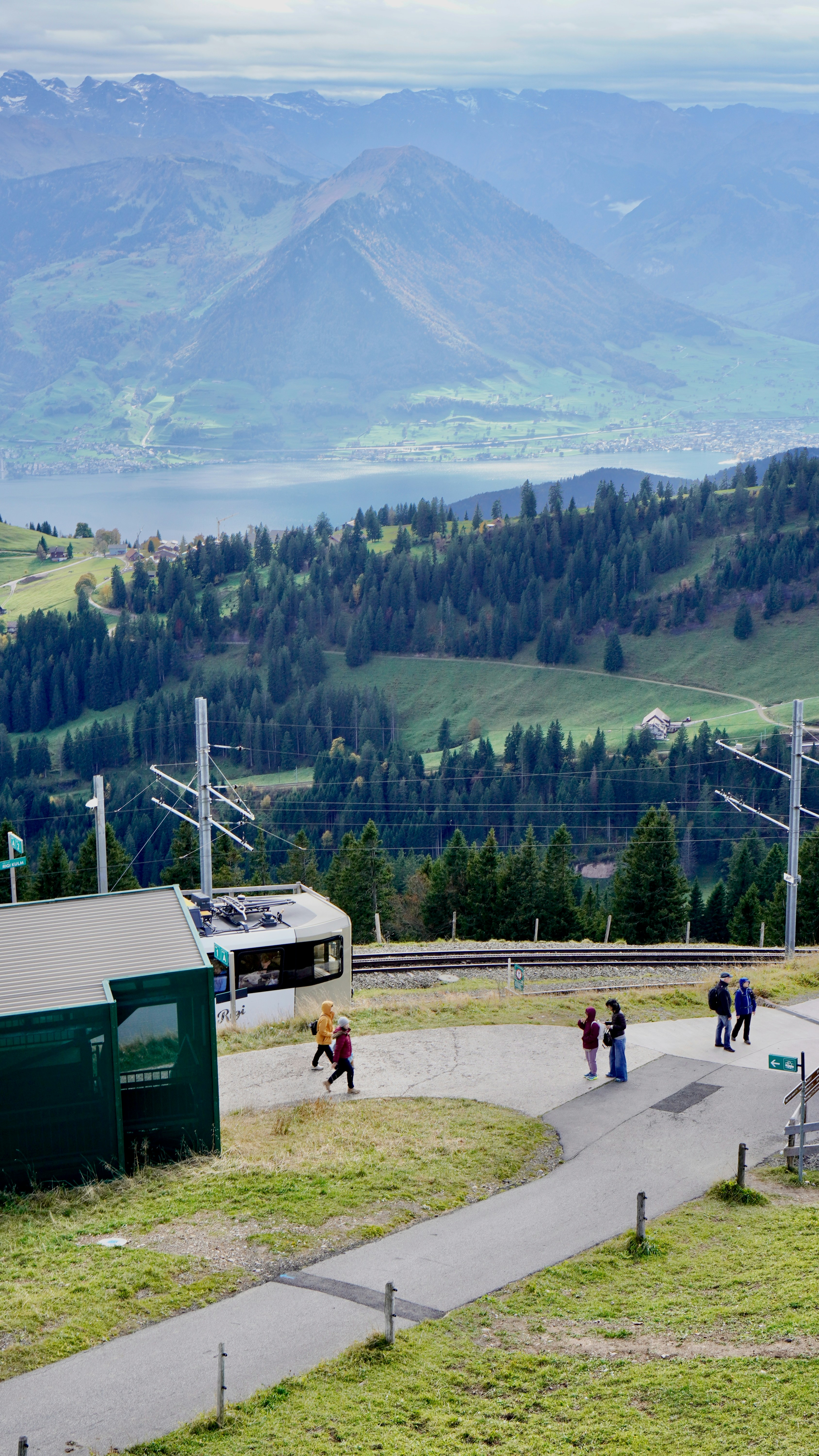 A group of people standing on top of a lush green hillside