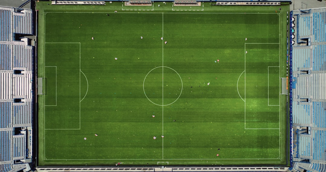 An aerial view of a soccer field in a stadium