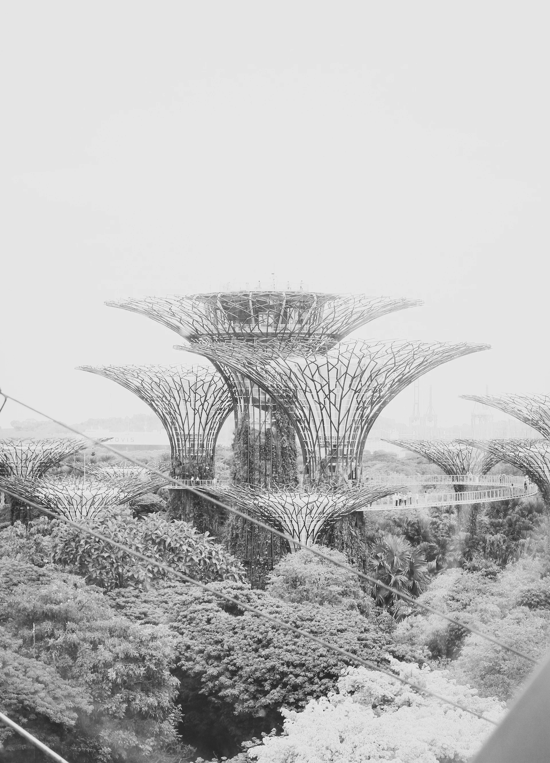 Futuristic tree-like structures amidst lush greenery
