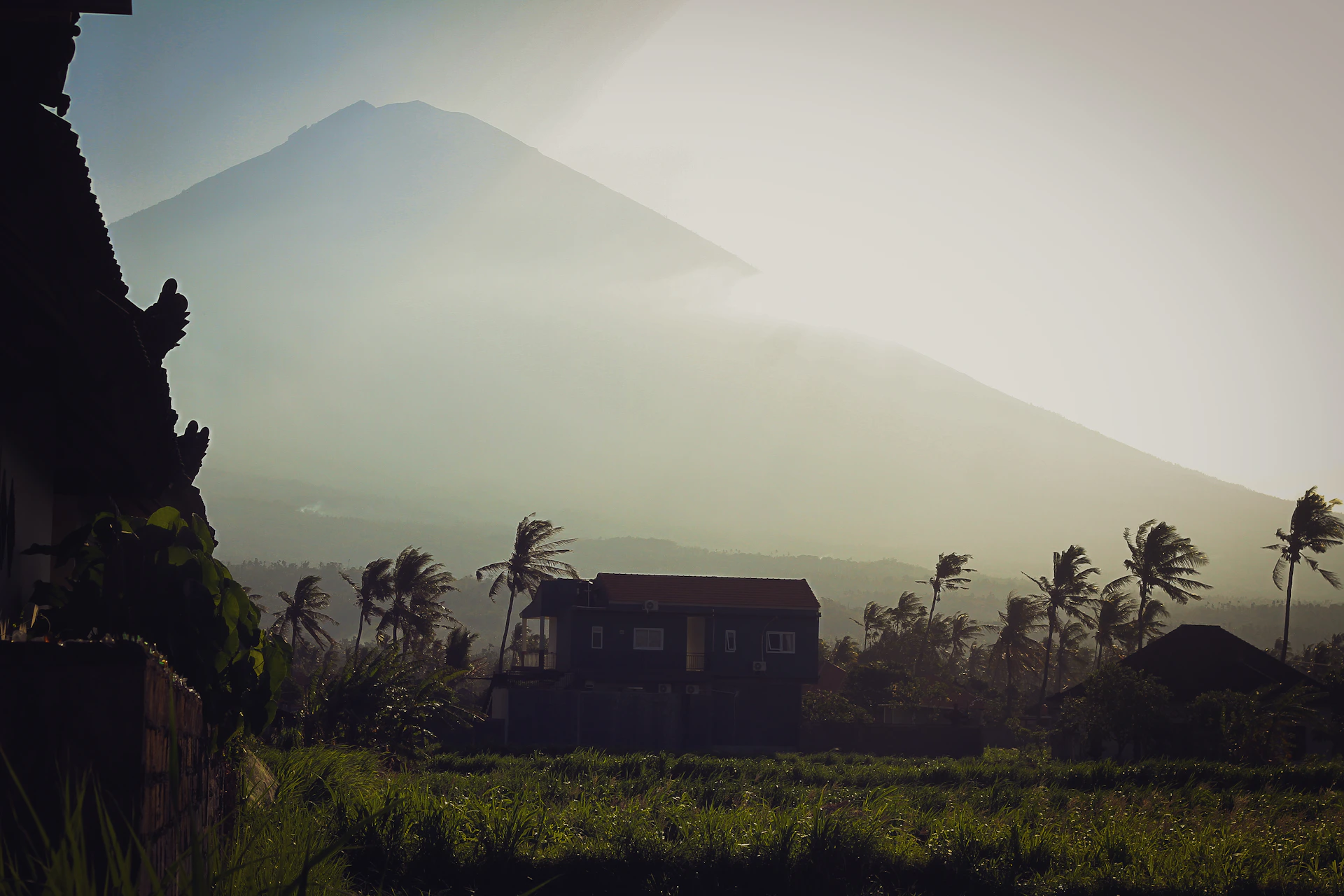 A house in a field with a mountain in the background