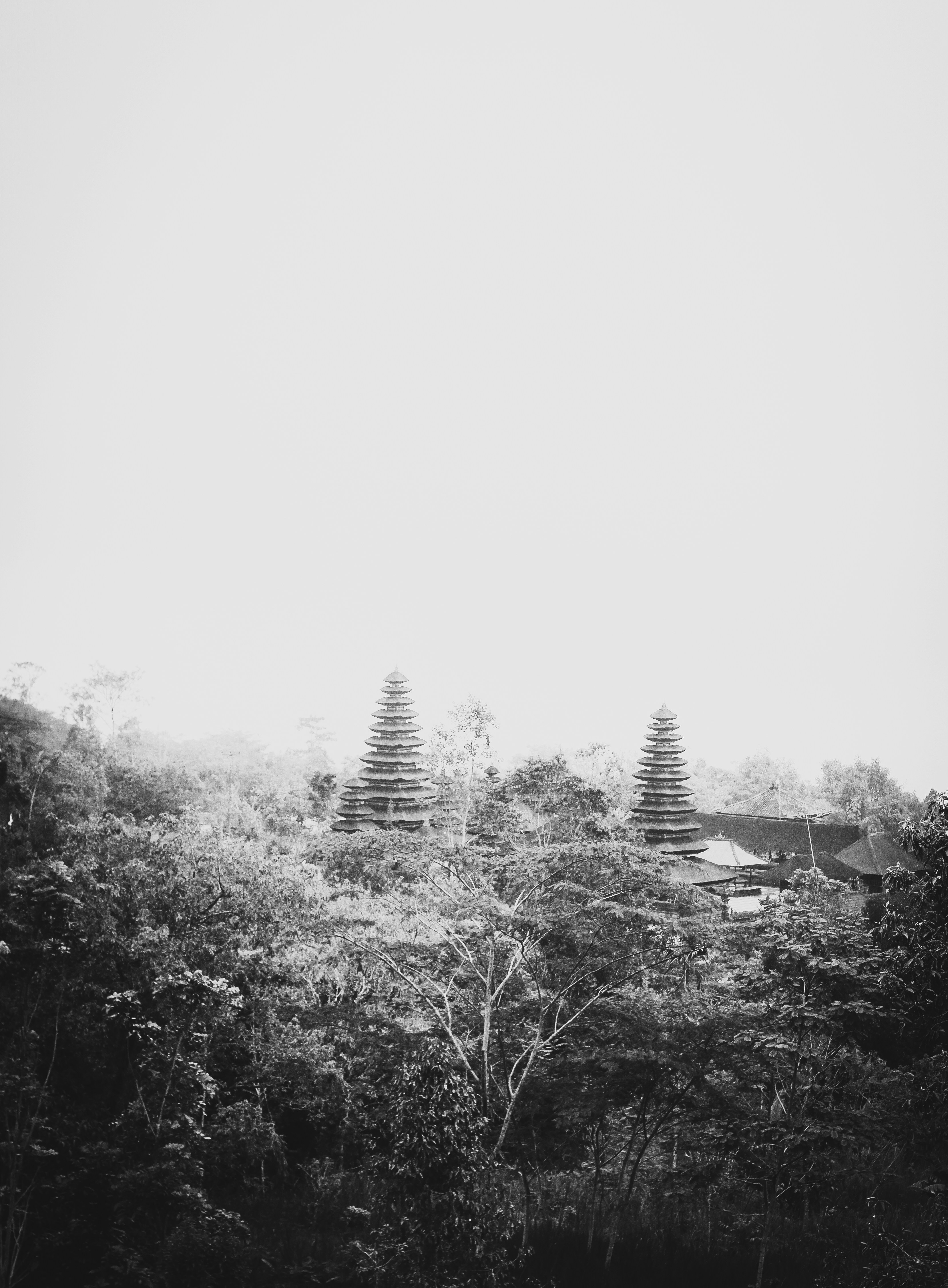 Two tiered temples nestled amongst lush trees