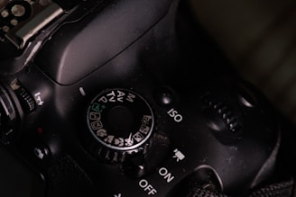 A close up of a camera with a black background