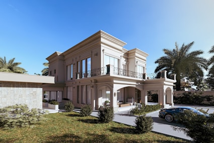 A house with a car parked in front of it