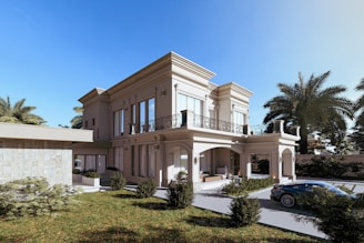 A house with a car parked in front of it