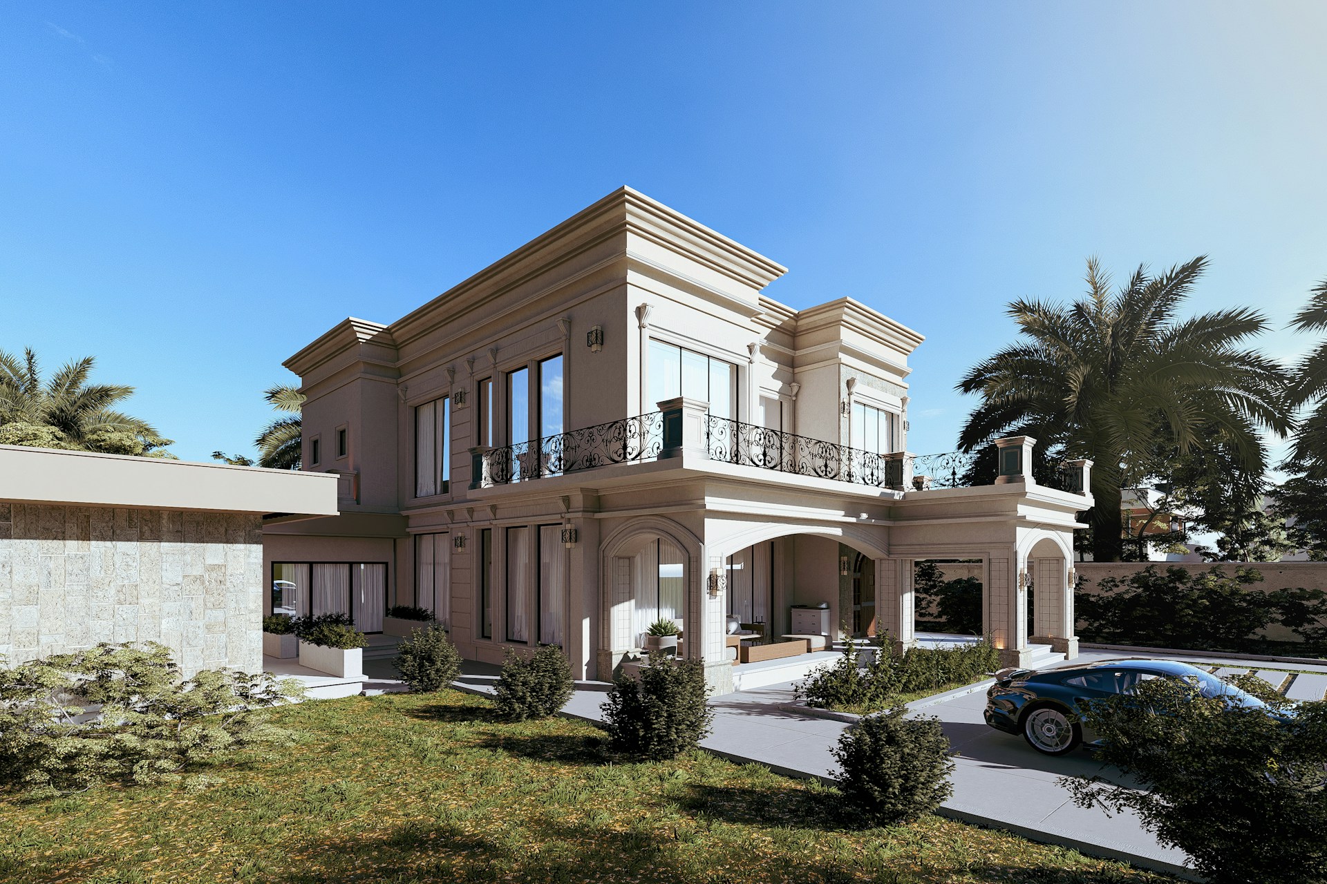 A house with a car parked in front of it