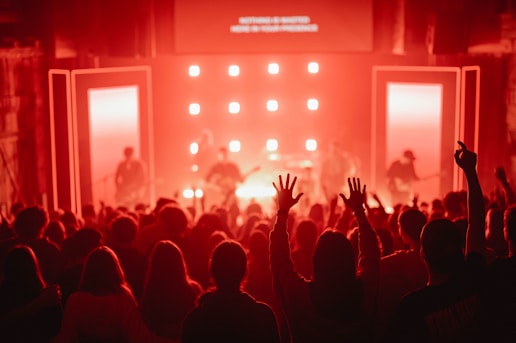 A crowd of people at a concert with their hands in the air