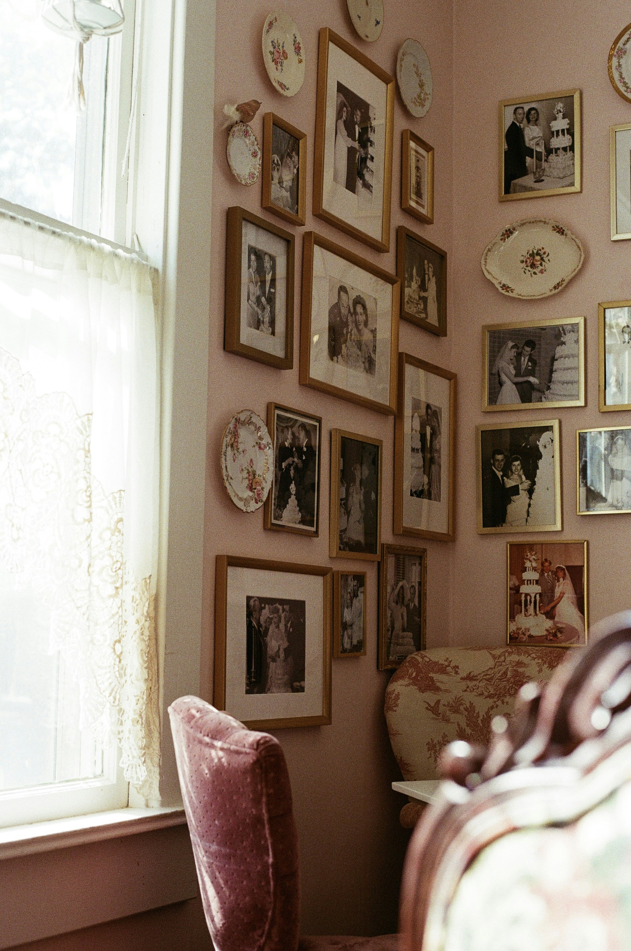 Walls filled with framed photographs and some decorative plates.