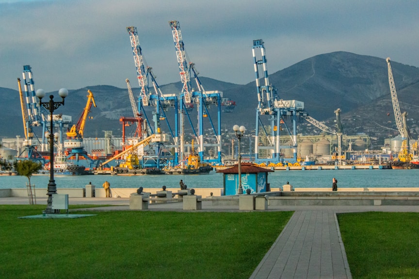 A large body of water with lots of cranes in the background