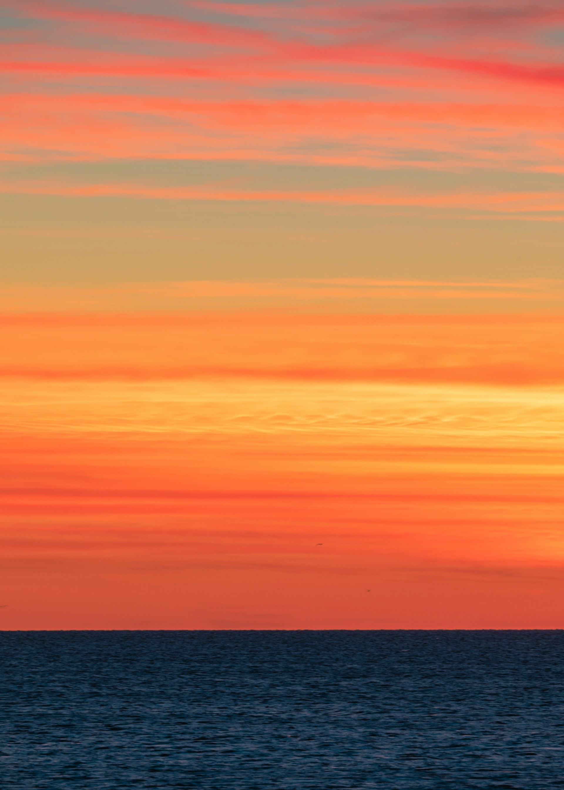 A plane flying over the ocean at sunset