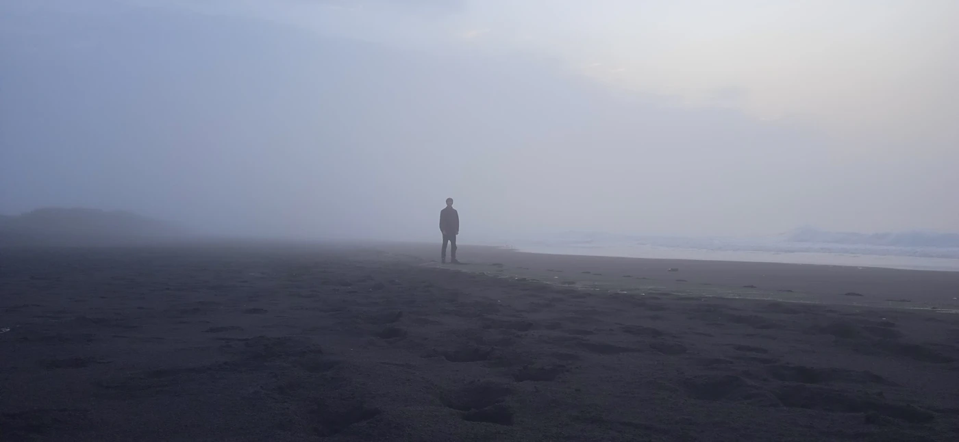 A solitary figure stands on a vast, foggy beach