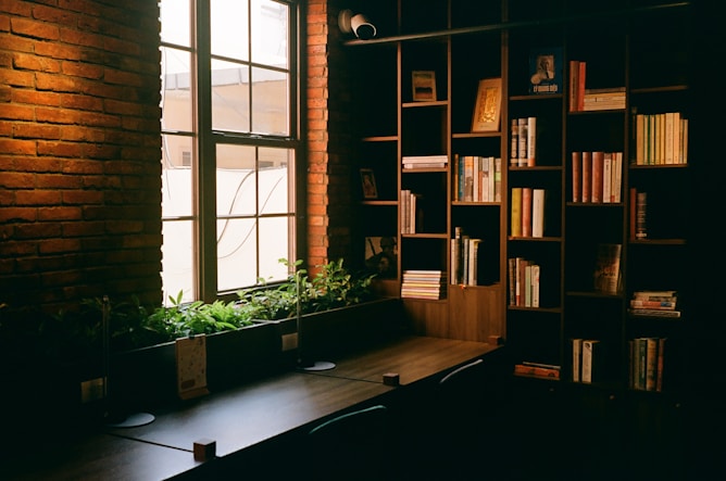 A room with a book shelf and a window