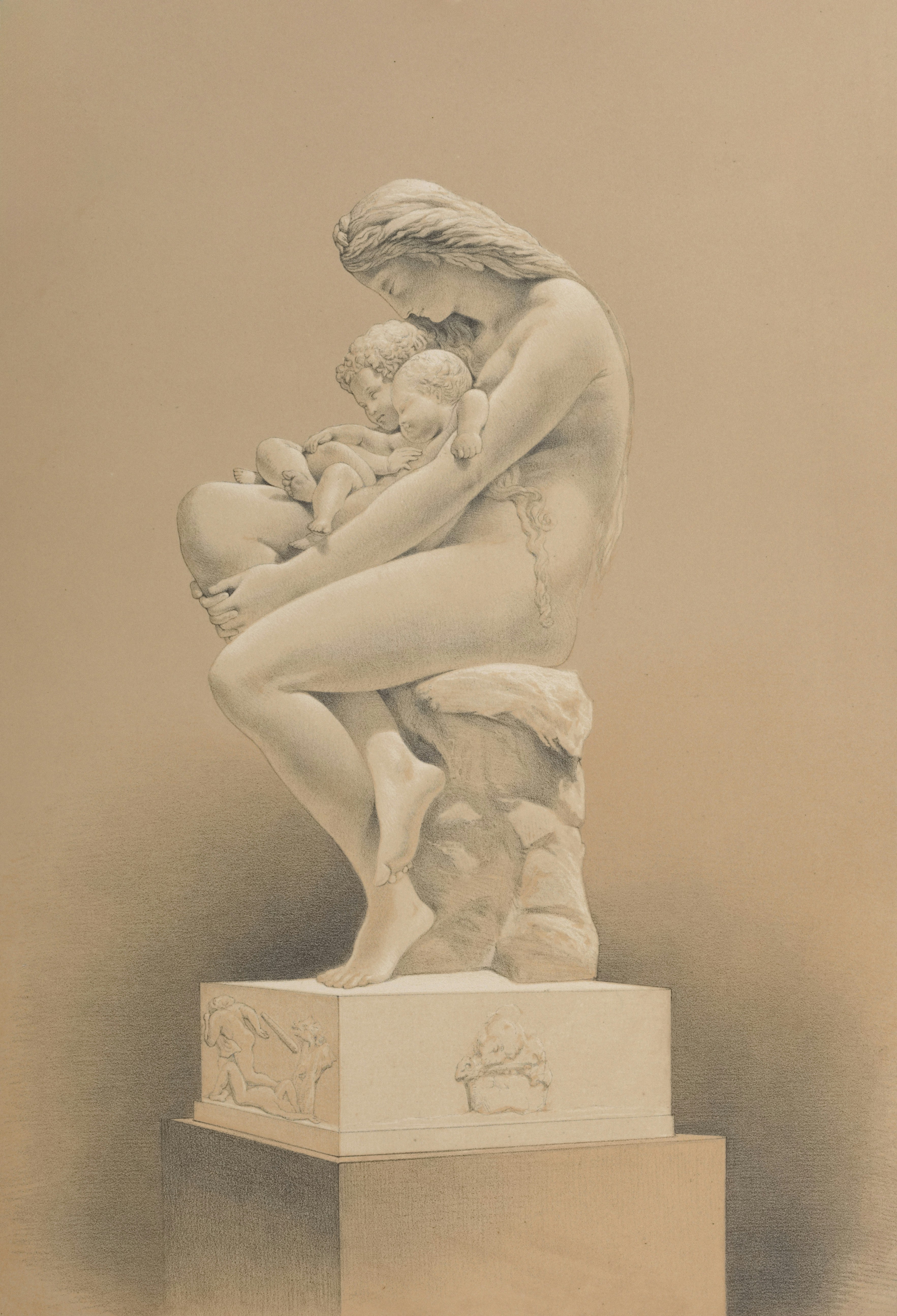 A marble sculpture of a mother holding two children