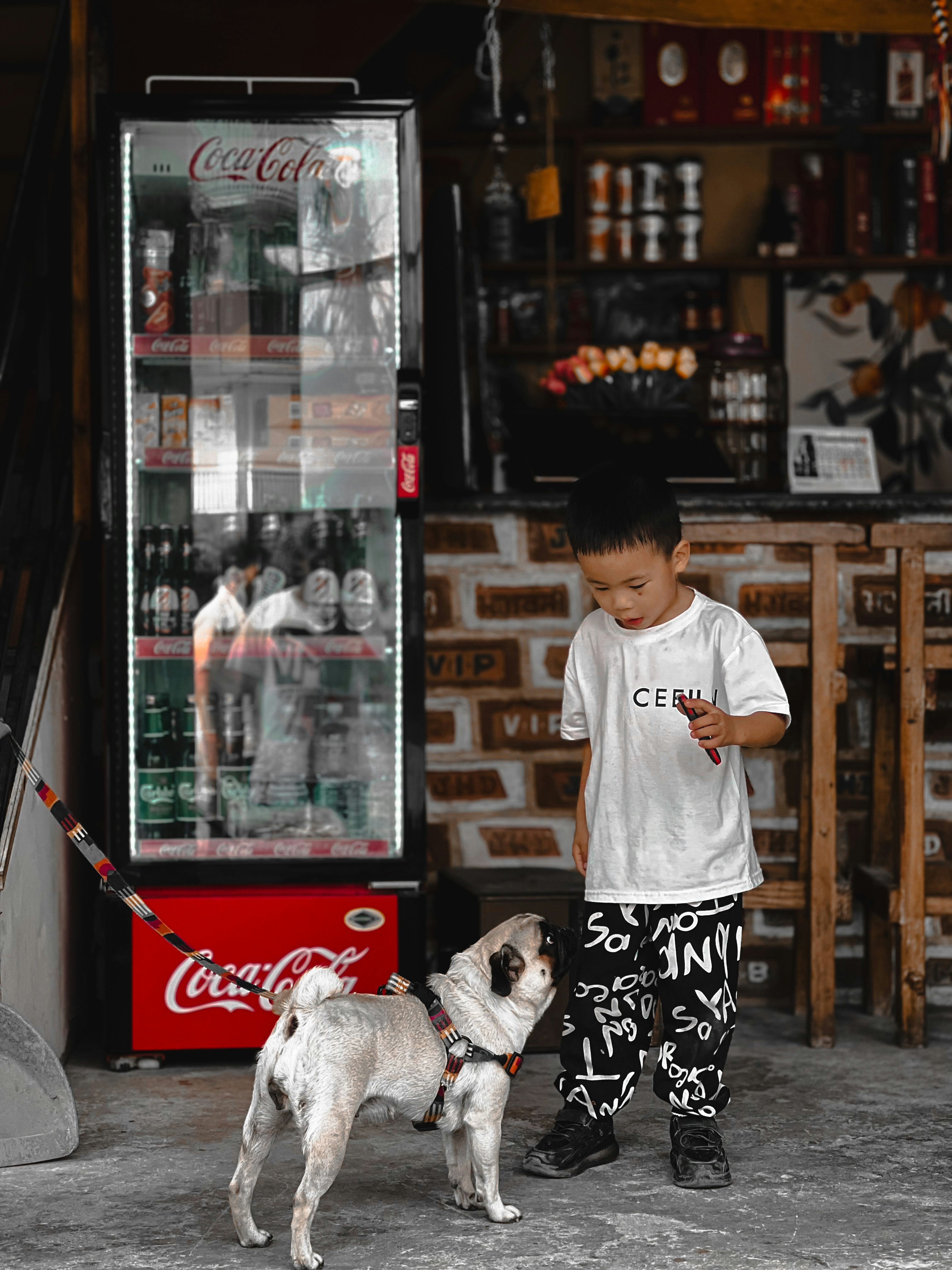 A young boy standing next to a dog on a leash