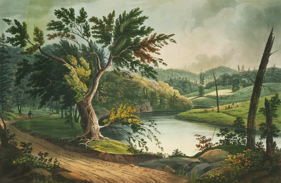 Serene landscape painting features tranquil lake surrounded by lush green trees and rolling hills