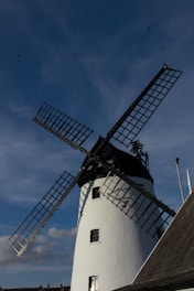 A windmill is shown against a blue sky