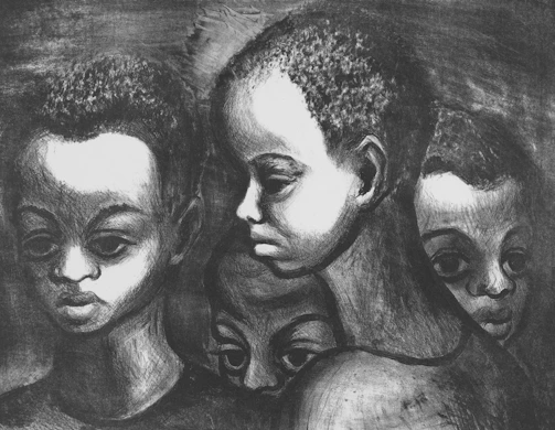 Four children's faces in a close-up, black and white