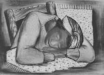 A person sleeps peacefully on a patterned surface.