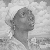 A drawing of a black woman with a white turban