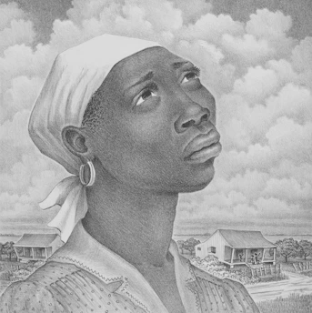 A drawing of a black woman with a white turban