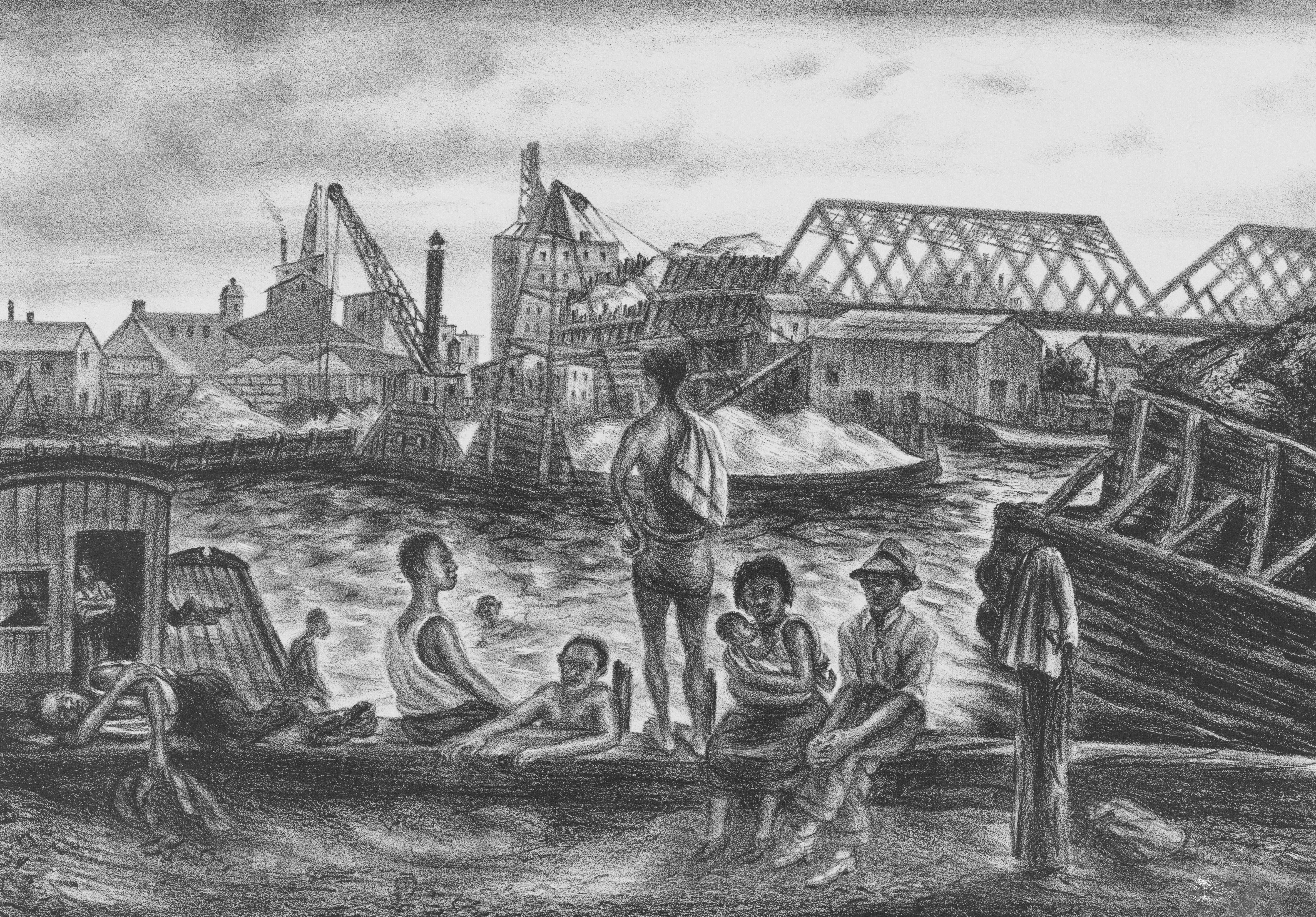 People relax by a river with industrial background