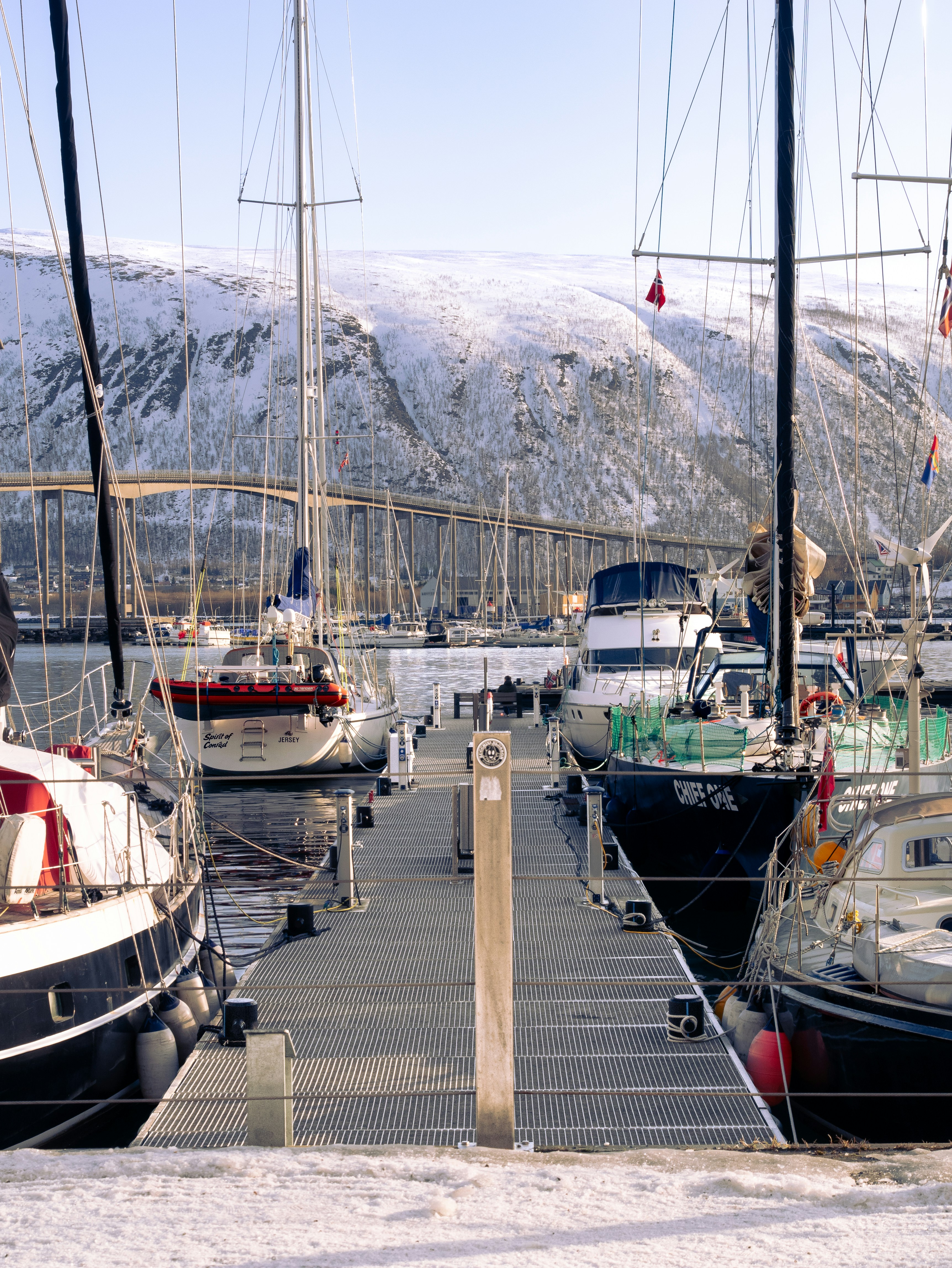 A group of boats are docked at a pier